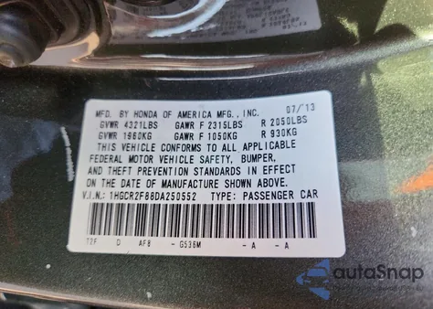 2013 Honda Accord Exl из США, поврежденный, VIN 1HGCR2F88DA250552